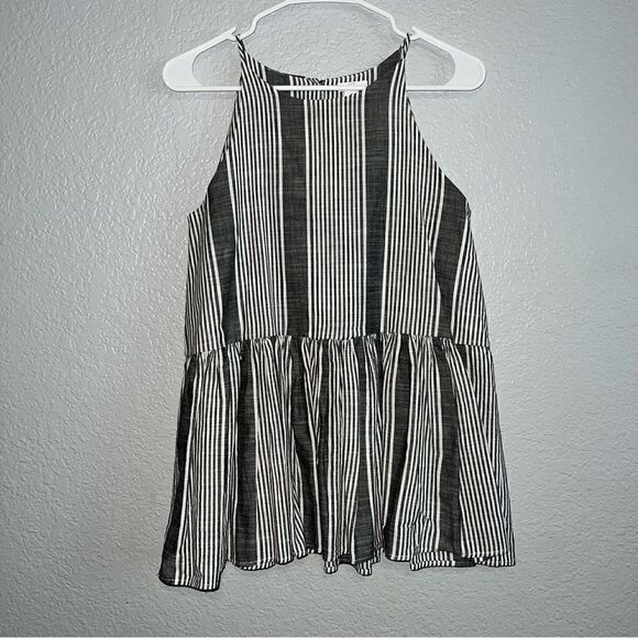 BP Womens Striped Lined Round Neck Sleeveless Peplum Zipped Blouse Top Black XS - Picture 1 of 9